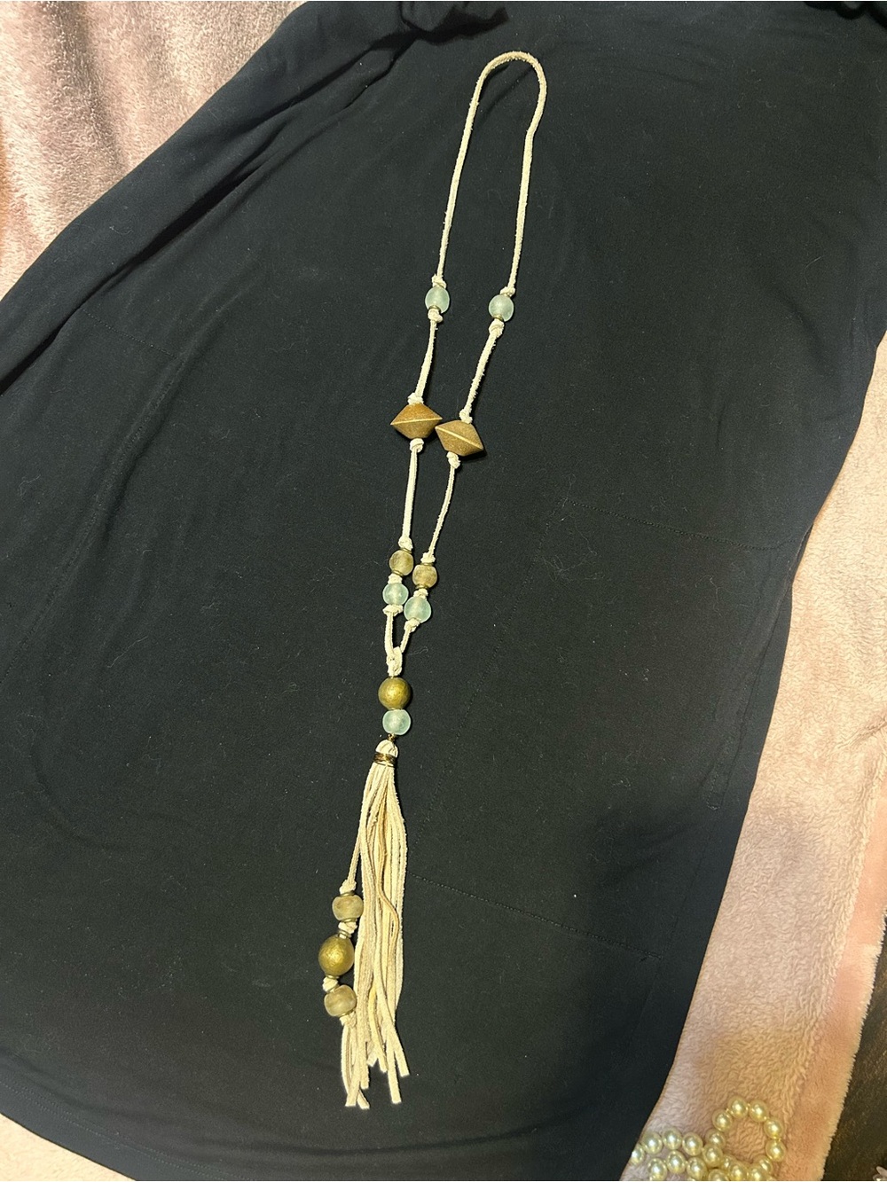 Boho Tassel wooden and glass Pendant leather Necklace in Beige and Green